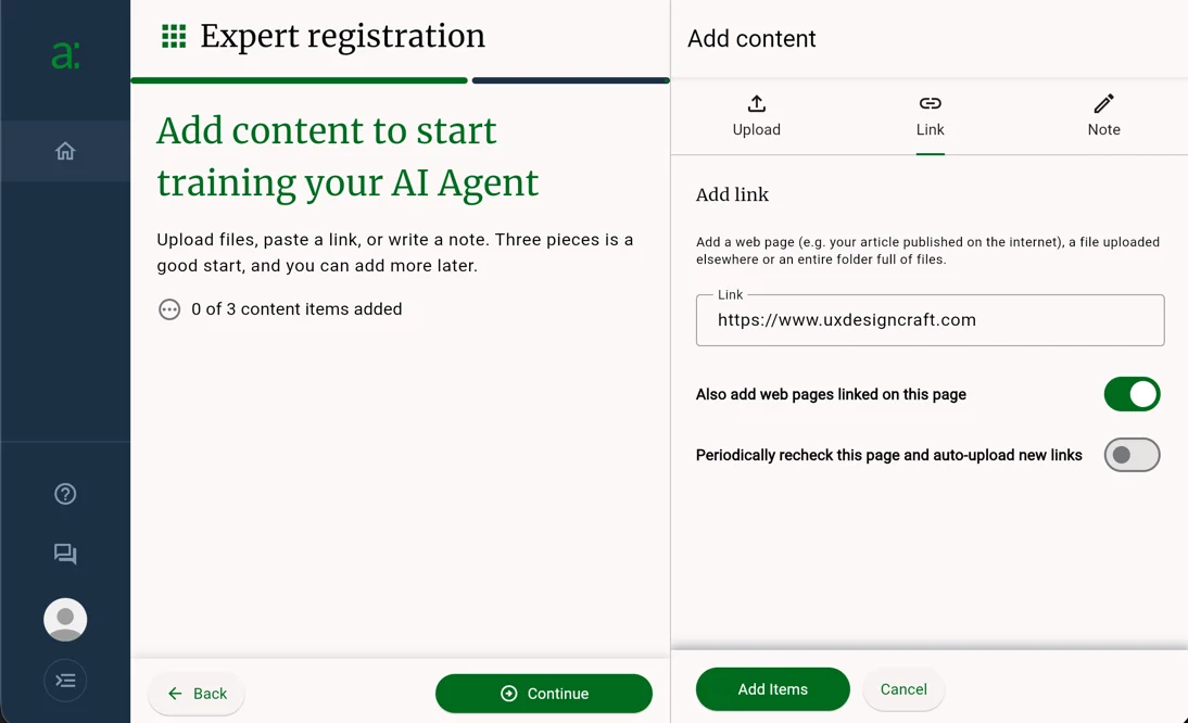 Add content side sheet with link entered and "Also add..." option selected