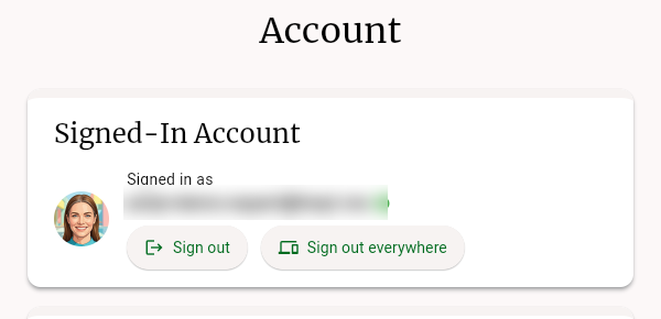 The Signed-In Account card with the Sign out everywhere button