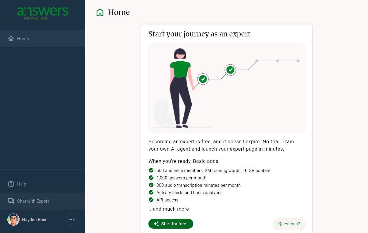 The Dashboard home page with the Start for free invitation
