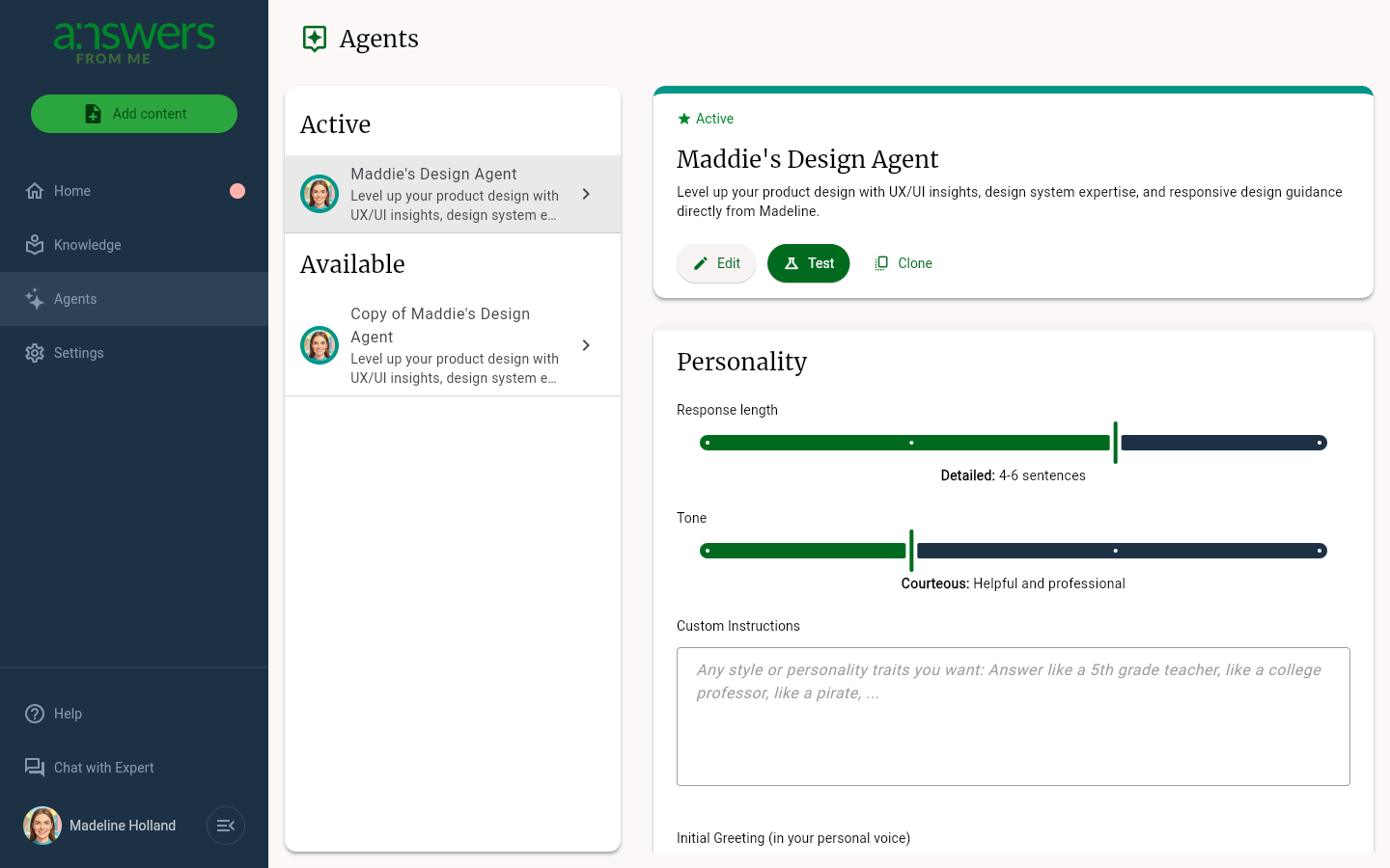 The Agents page showing agent settings