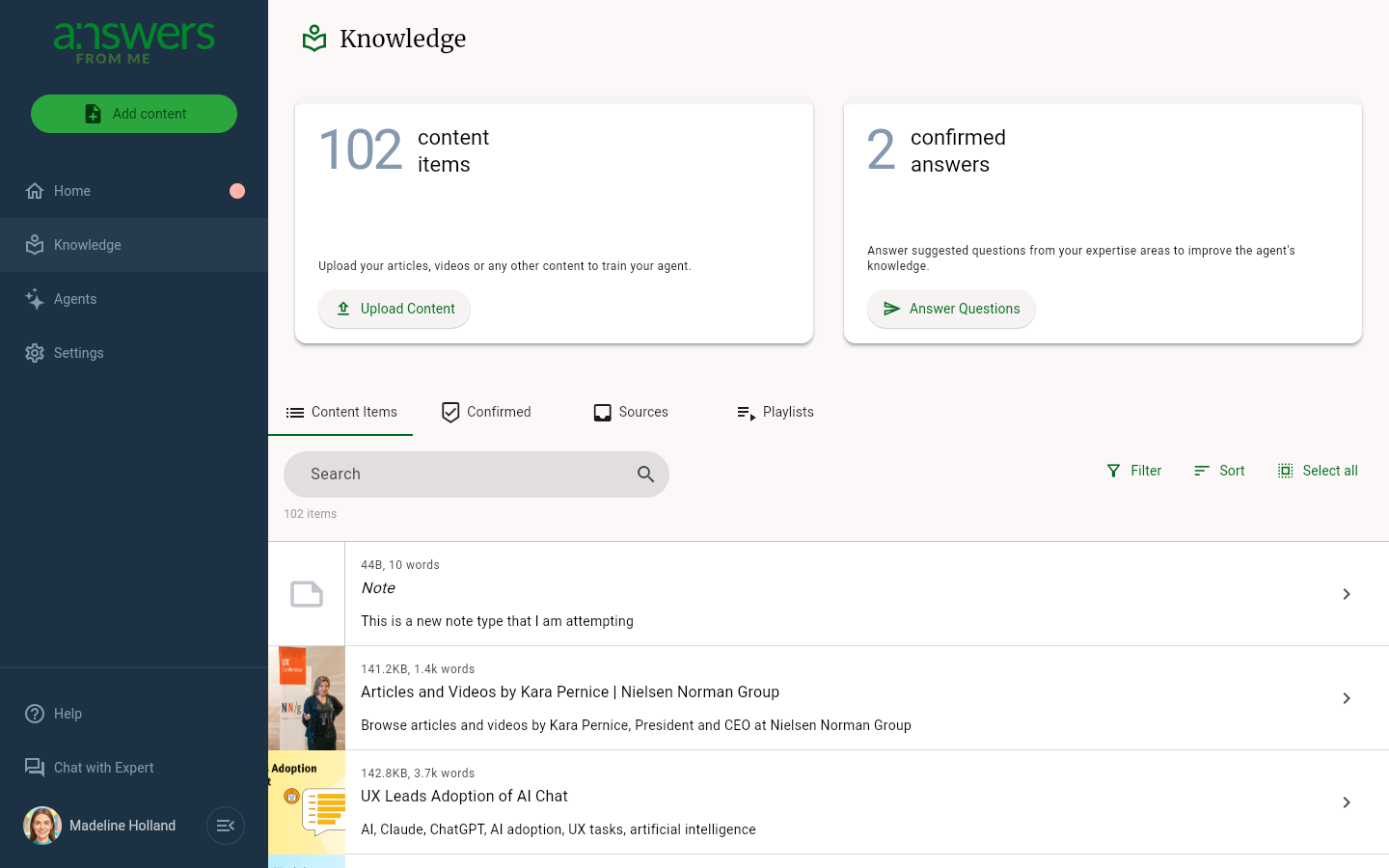 The Knowledge page showing uploaded items