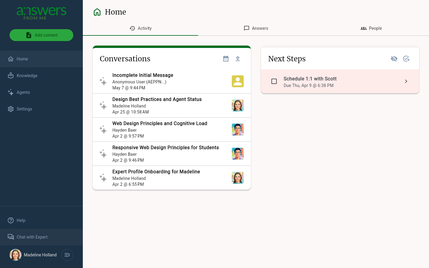 The Expert Dashboard Home page on the Activity tab