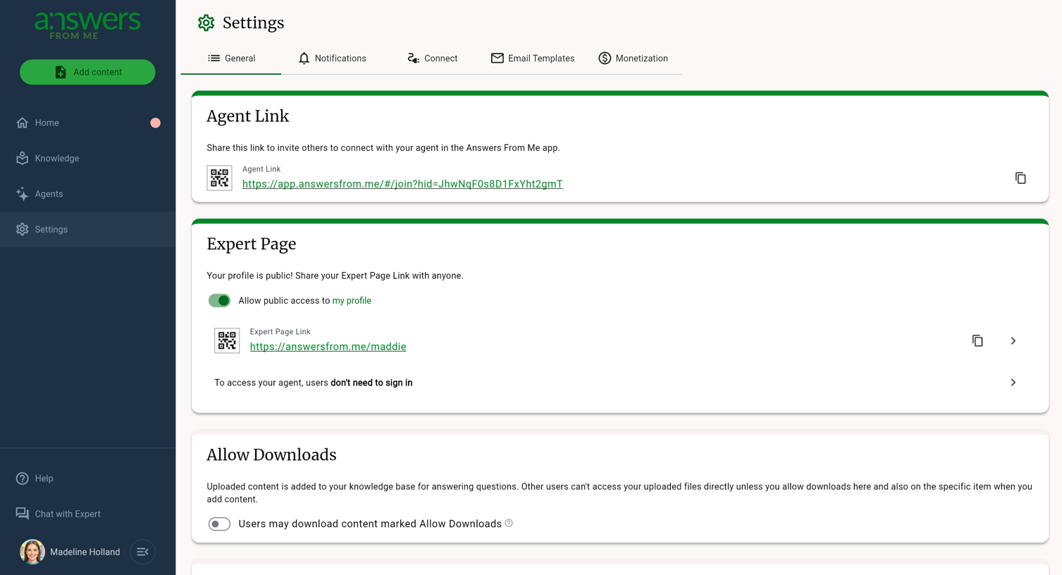 The Settings page showing general settings