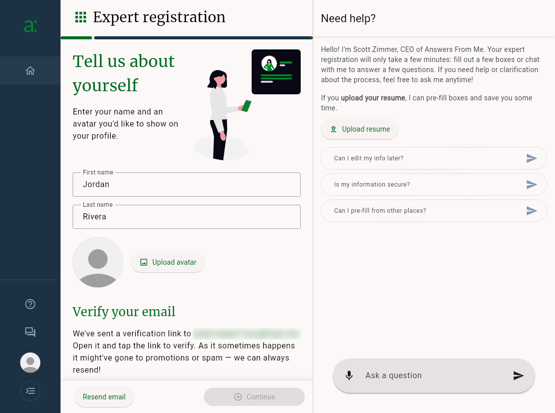 The Tell us about yourself step, waiting for email verification