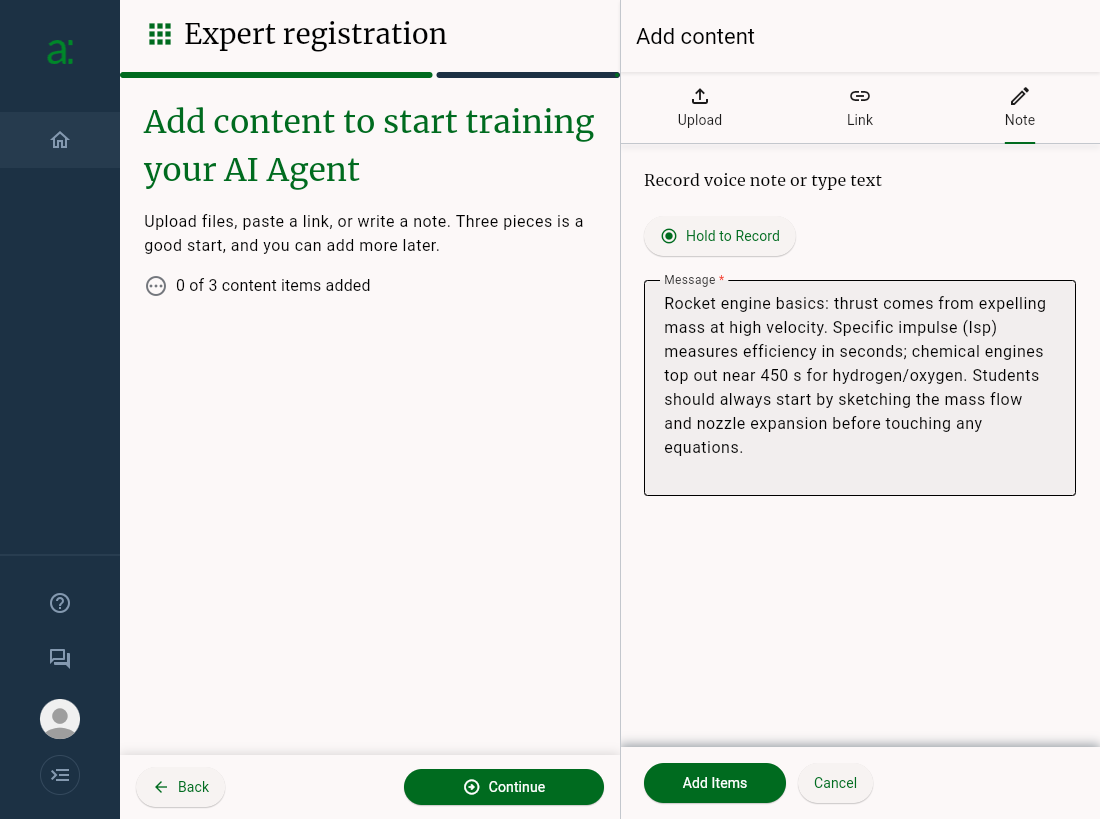 Adding a note on the Add content step