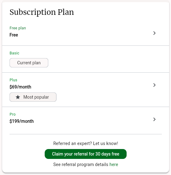 The Subscription Plan card on the Basic plan
