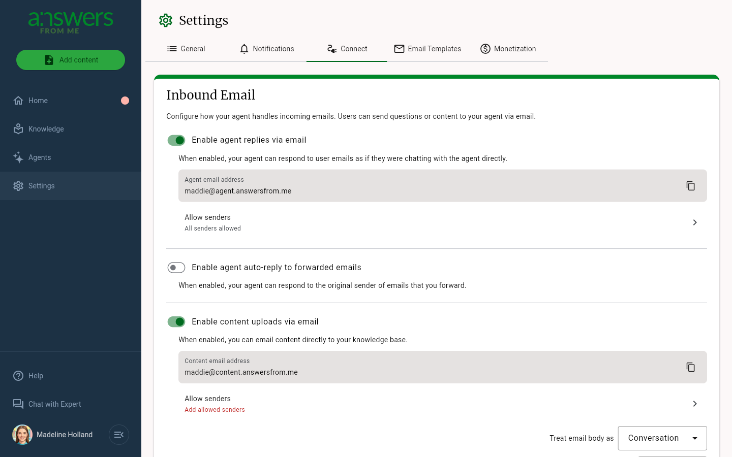 Agent autoreply settings in the Connect tab