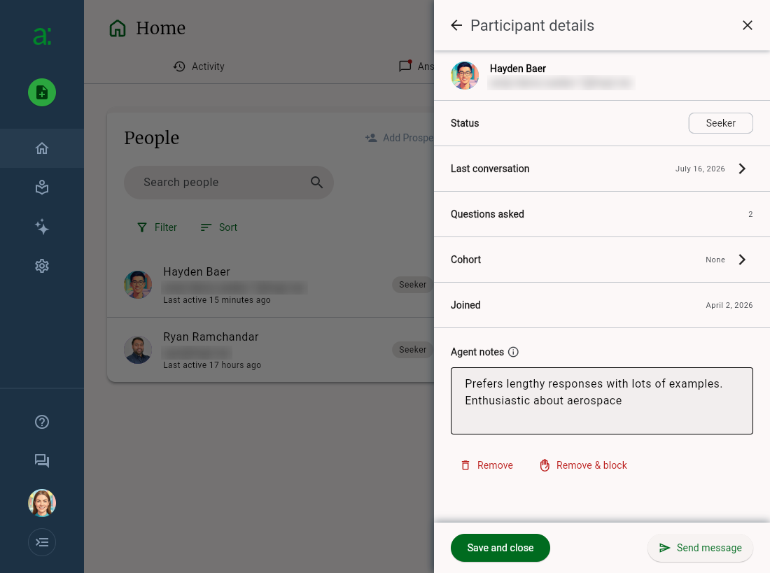 Participant details panel with an agent note entered for a seeker