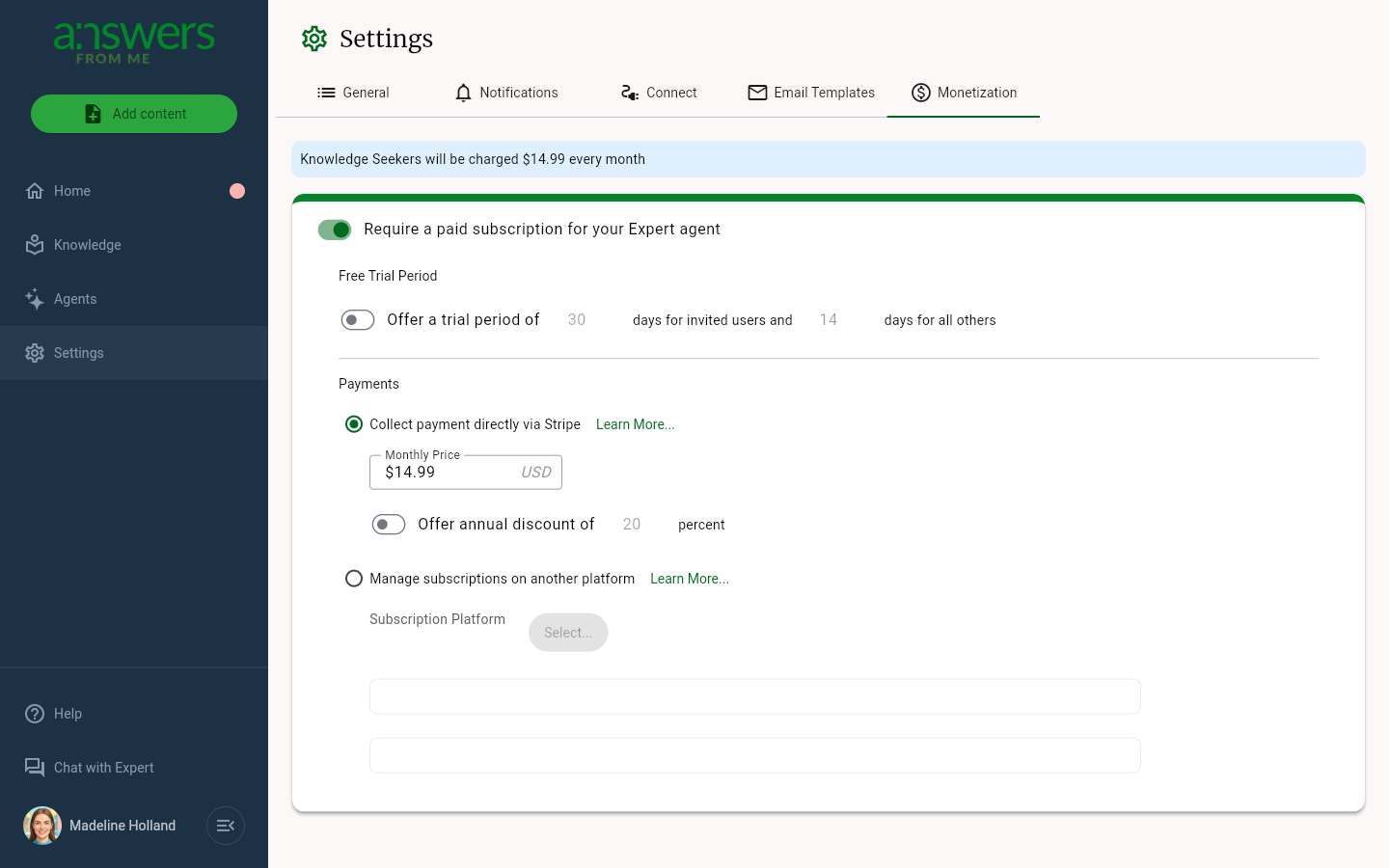 The Monetization settings page