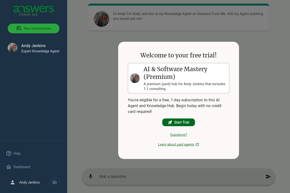 The free trial welcome screen