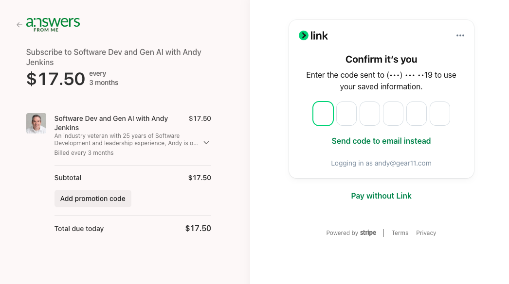 The Stripe checkout page